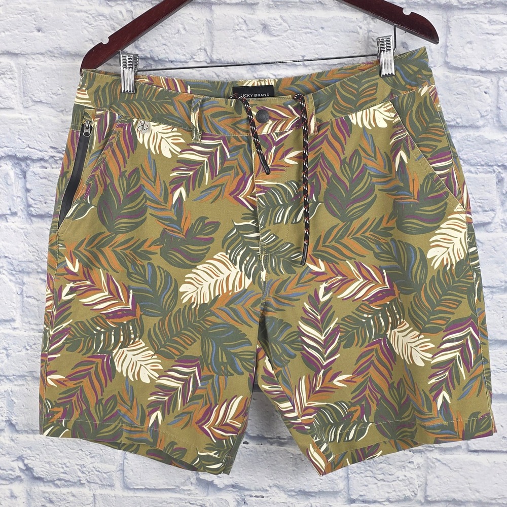 Lucky Brand Men Hybrid Shorts Drawstring Green Tropical Palm Leaf Stretch Sz 33